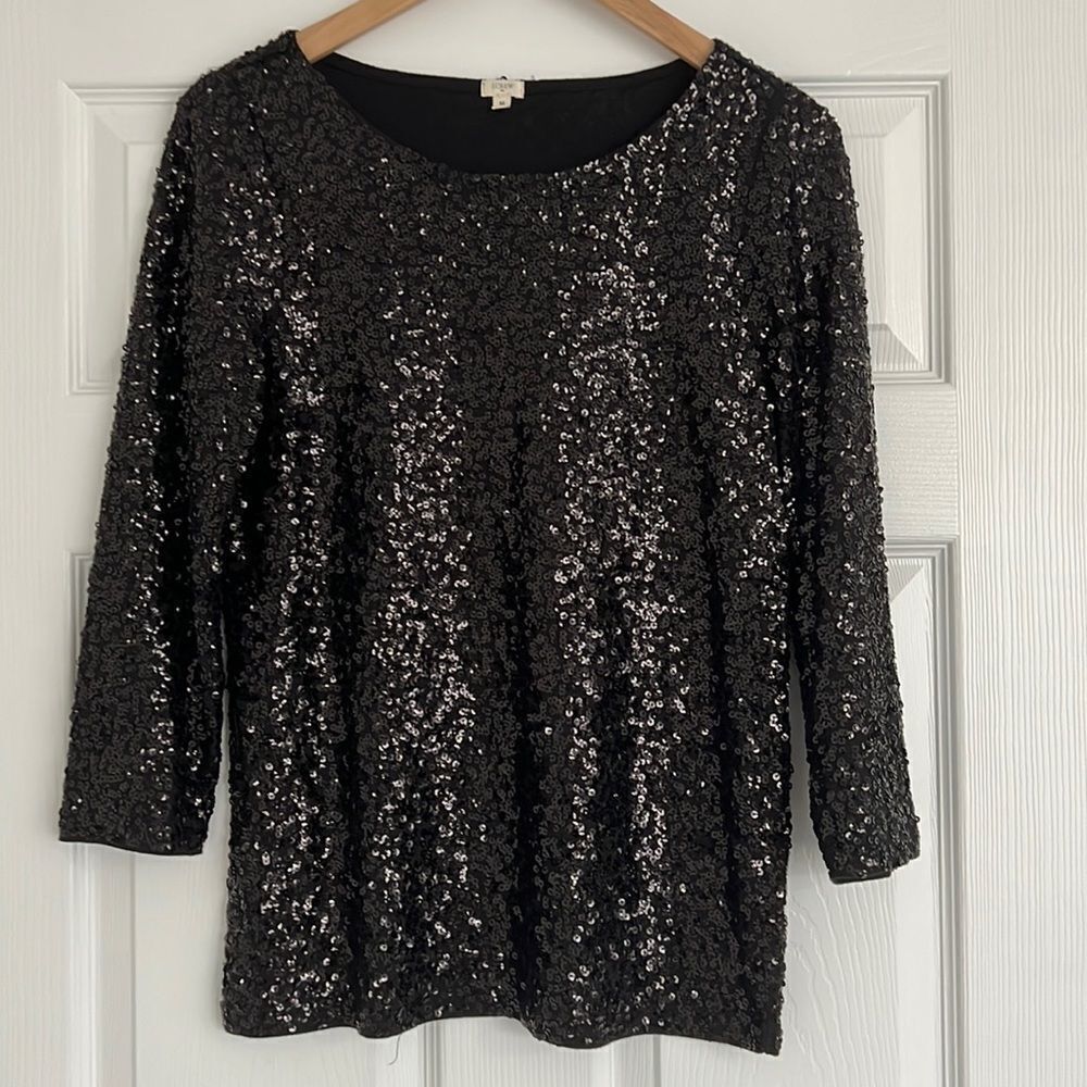 J. Crew black cotton with sequins 3/4 sleeves top Sz Medium